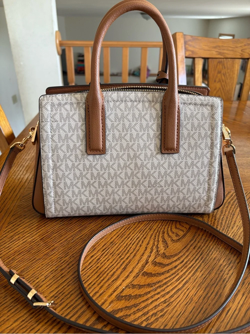 Michael Kors Vanilla Logo Satchel with Acorn Leather Trim